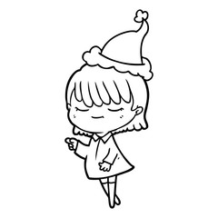 line drawing of a woman wearing santa hat
