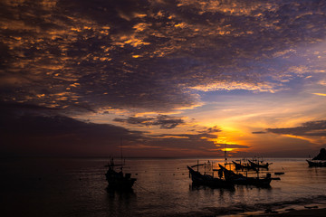 morning sea landscape with boats silhouette and nice sky