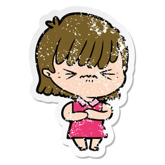 distressed sticker of a annoyed cartoon girl