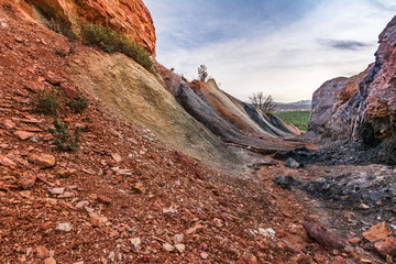 Abandoned iron and ampelite mines in Madriguera on the routes of the red and black towns in the province of Segovia. Municipal district of Riaza (Spain)