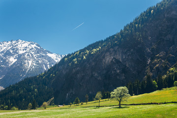 Beautiful landscape shot of Swiss mountains and plane with trails