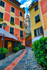 Portofino is a resort town in the Italian Riviera.  This is a popular tourism destination for travel in northwestern Liguria Italy.