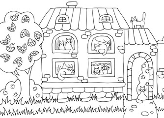 Hand drawn coloring page with house and cats