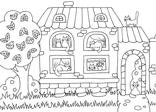 Hand Drawn Coloring Page With House And Cats