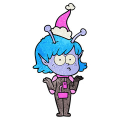 textured cartoon of a alien girl wearing santa hat