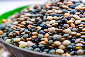 Colorful mix of lentils legumes ready for cooking, tasty vegetarian food commonly used in South Asian cuisine