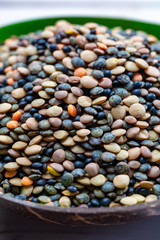 Colorful mix of lentils legumes ready for cooking, tasty vegetarian food commonly used in South Asian cuisine