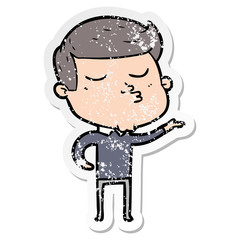 distressed sticker of a cartoon model guy pouting
