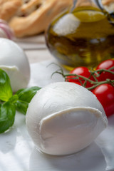 Balls of buffalo mozzarella, soft Italian scheese made from the milk of Italian Mediterranean buffalo