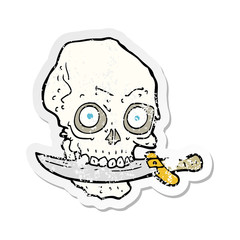 retro distressed sticker of a cartoon pirate skull with knife in teeth
