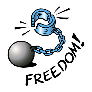 Iron ball and chain with broken shackles, symbol of freedom