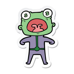sticker of a cartoon weird alien shouting