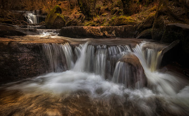 Valley of waterfalls at Blaen y Glyn  One of the many closely connected waterfalls at Blaen y Glyn, near Merthyr Tydfil in the South Wales valleys, UK