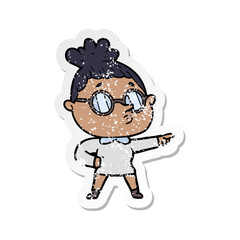 distressed sticker of a cartoon woman wearing glasses