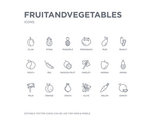 simple set of fruitandvegetables vector line icons. contains such icons as daikon, melon, olive, onion, orange, palm, papaya, paprika, parsley and more. editable pixel perfect.