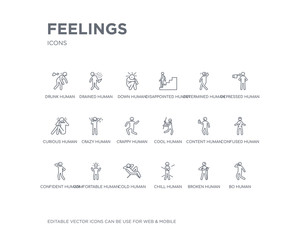 simple set of feelings vector line icons. contains such icons as bo human, broken human, chill human, cold comfortable confident confused content cool and more. editable pixel perfect.