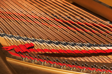 Fototapeta premium Grand piano strings, steel wire core wound with copper wire