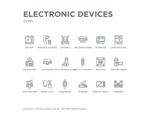 simple set of electronic devices vector line icons. contains such icons as speakers, graphic tablet, scanner, smartband, smart light, copy machine, video recorder, weighing, activity tracker and