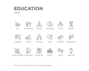 simple set of education vector line icons. contains such icons as raise hand, ruler, school, school bag, school bell, material, self-learning, sharpener, sheet and more. editable pixel perfect.