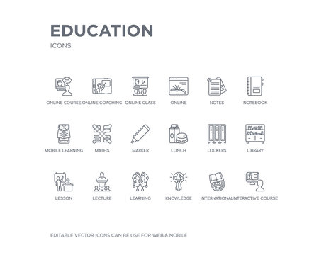 simple set of education vector line icons. contains such icons as interactive course, international, knowledge, learning, lecture, lesson, library, lockers, lunch and more. editable pixel perfect.