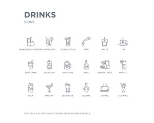 simple set of drinks vector line icons. contains such icons as cocktail, coffee, cognac, lemonade, martini, milk, mojito, orange juice, rum and more. editable pixel perfect.