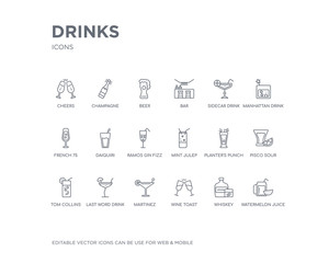 simple set of drinks vector line icons. contains such icons as watermelon juice, whiskey, wine toast, martinez, last word drink, tom collins, pisco sour, planter's punch, mint julep and more.