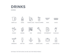 simple set of drinks vector line icons. contains such icons as juice bottle, latte, lemon juice, liquor, mai thai, margarita, milkshake, oktoberfest, opener and more. editable pixel perfect.