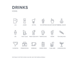 simple set of drinks vector line icons. contains such icons as cosmopolitan, cuba libre, energy drink, espresso, fermentation, filtration, fish skeleton, frappe, frappuccino and more. editable pixel