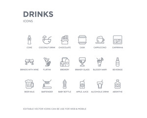 Fototapeta na wymiar simple set of drinks vector line icons. contains such icons as absinthe, alcoholic drink, apple juice, baby bottle, bartender, beer mug, beverage, bloody mary, brandy glass and more. editable pixel