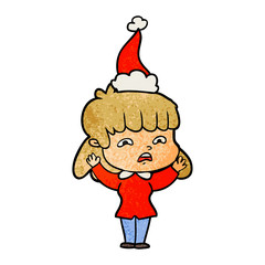textured cartoon of a worried woman wearing santa hat