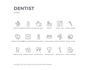 simple set of dentist vector line icons. contains such icons as dental checkup, dental drill, dental filling, floss, folder, hook, house, monitor, plaque and more. editable pixel perfect.