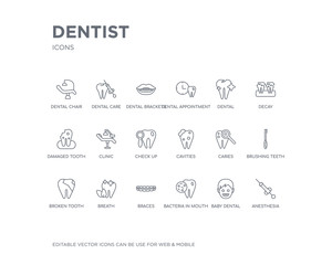 simple set of dentist vector line icons. contains such icons as anesthesia, baby dental, bacteria in mouth, braces, breath, broken tooth, brushing teeth, caries, cavities and more. editable pixel