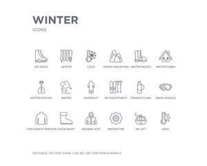 simple set of winter vector line icons. contains such icons as heat, ski lift, winter tire, anorak vest, snow boot, turtleneck sweater, snow goggle, themos flask, ski equiptment and more. editable