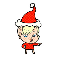 comic book style illustration of a surprised girl pointing wearing santa hat