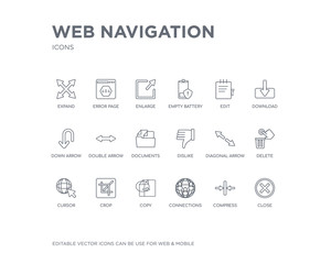 simple set of web navigation vector line icons. contains such icons as close, compress, connections, copy, crop, cursor, delete, diagonal arrow, dislike and more. editable pixel perfect.