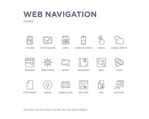 simple set of web navigation vector line icons. contains such icons as account, add, add user, alarm clock, arrow, attachment, audio, back, bookmark and more. editable pixel perfect.