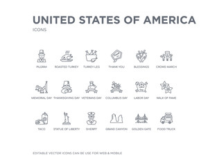 Fototapeta na wymiar simple set of united states of america vector line icons. contains such icons as food truck, golden gate, grand canyon, sheriff, statue of liberty, taco, walk fame, labor day, columbus day and more.