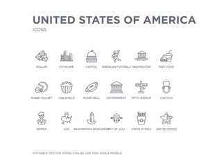 simple set of united states of america vector line icons. contains such icons as united states, french fries, 4th of july, washington monument, usa, rapper, lincoln, fifth avenue, government and