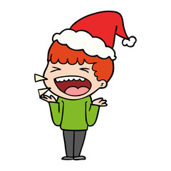 line drawing of a laughing man wearing santa hat