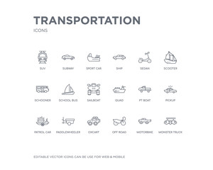 simple set of transportation vector line icons. contains such icons as monster truck, motorbike, off road, oxcart, paddlewheeler, patrol car, pickup, pt boat, quad and more. editable pixel perfect.