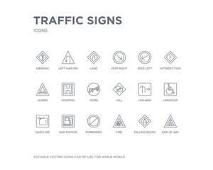 simple set of traffic signs vector line icons. contains such icons as end of way, falling rocks, fire, forbidden, gas station, gasoline, handicap, highway, hill and more. editable pixel perfect.