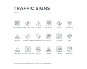 simple set of traffic signs vector line icons. contains such icons as ahead only, airport, barrier, bicycle, biological hazard, bridge road, bump, bus stop, caravan and more. editable pixel perfect.