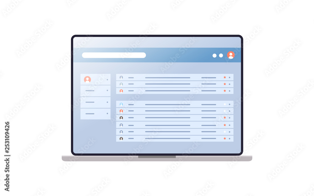 Fototapete contact list of people social network concept laptop select contacts screen chatting and messaging computer application flat white background horizontal