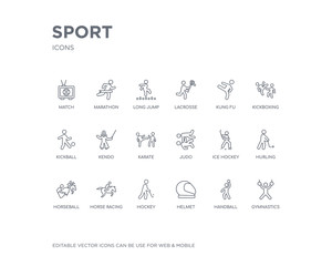 simple set of sport vector line icons. contains such icons as gymnastics, handball, helmet, hockey, horse racing, horseball, hurling, ice hockey, judo and more. editable pixel perfect.