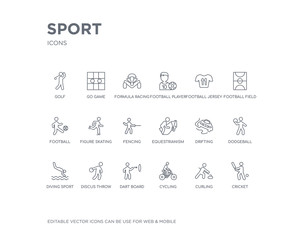 simple set of sport vector line icons. contains such icons as cricket, curling, cycling, dart board, discus throw, diving sport, dodgeball, drifting, equestrianism and more. editable pixel perfect.