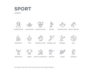 simple set of sport vector line icons. contains such icons as aerobics, aikido, archery, artistic gymnastics, award, badminton, ball, baseball, baseball bat and more. editable pixel perfect.