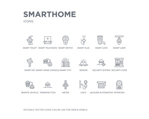 simple set of smarthome vector line icons. contains such icons as intercom, jalousie automation, light, meter, power button, remote vehicle, security code, security system, sensor and more. editable