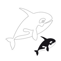 drawing worksheet for preschool kids with easy gaming level of difficulty. Simple educational game for kids. Illustration of killer whale for toddlers