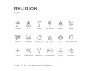 simple set of religion vector line icons. contains such icons as christianity, church, commandments, communion, confucianism, cross, crown of thorns, diwali, doi suthep and more. editable pixel
