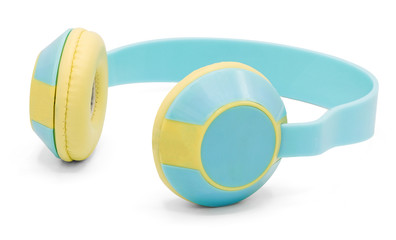 Obraz premium Close up on colorful green yellow wireless headphones isolated on white background.
